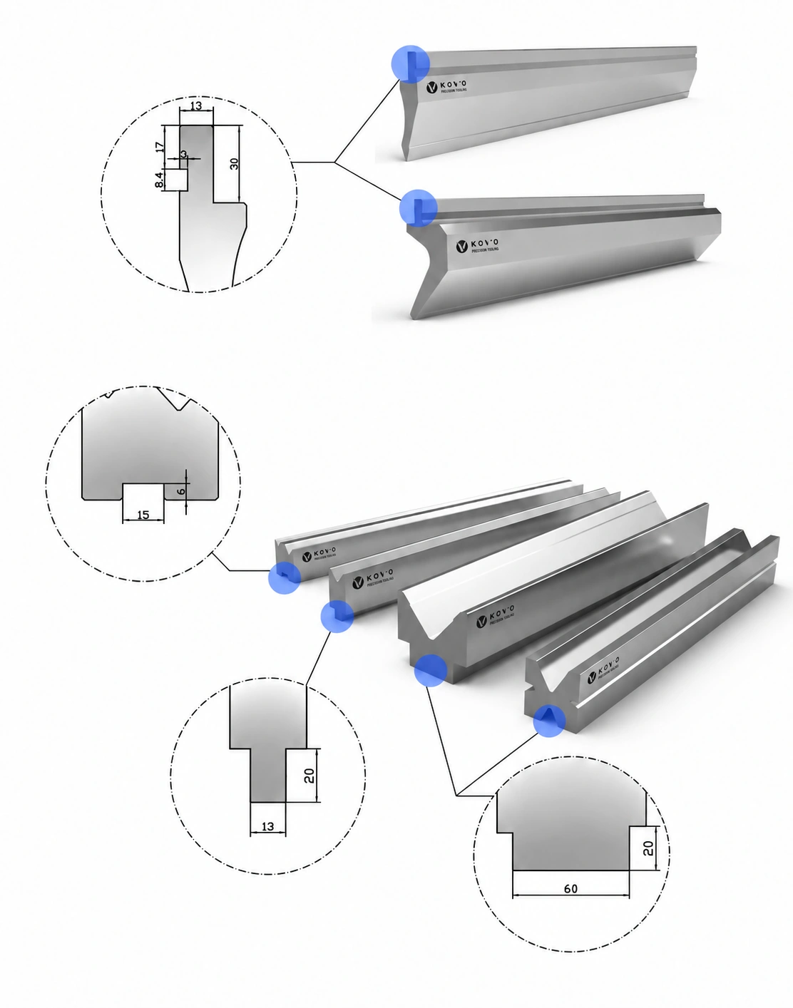 COVO reference illustration with highlighted upper punch tangs and lower die mounting interfaces.